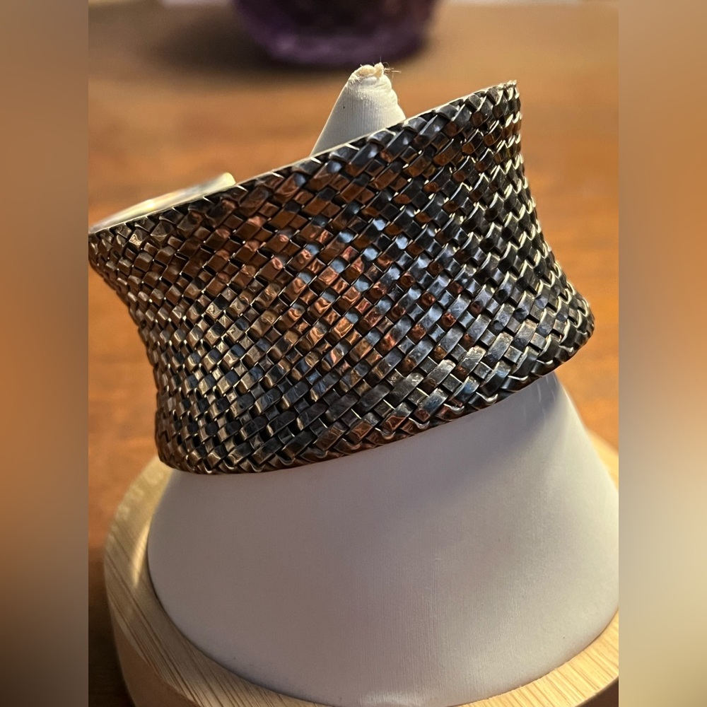 Suarti BA 925 Sterling Silver Wide Basket Weave Cuff Bracelet